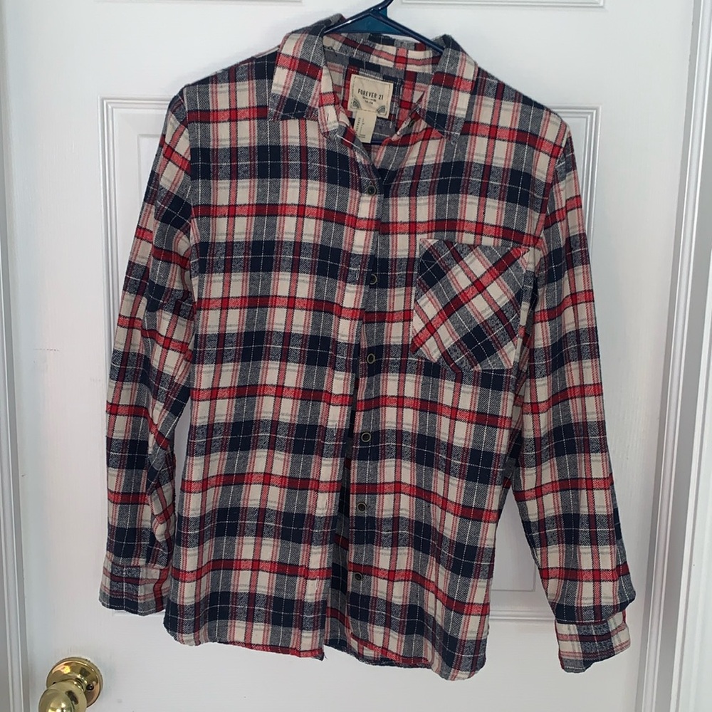 Red, white, and blue long sleeve plaid shirt